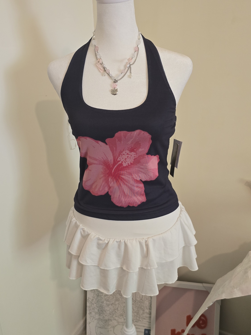 Y2K Coconut Girl Hibiscus Mesh Halter Top Coquette Retro Tropical Grunge 2000s M